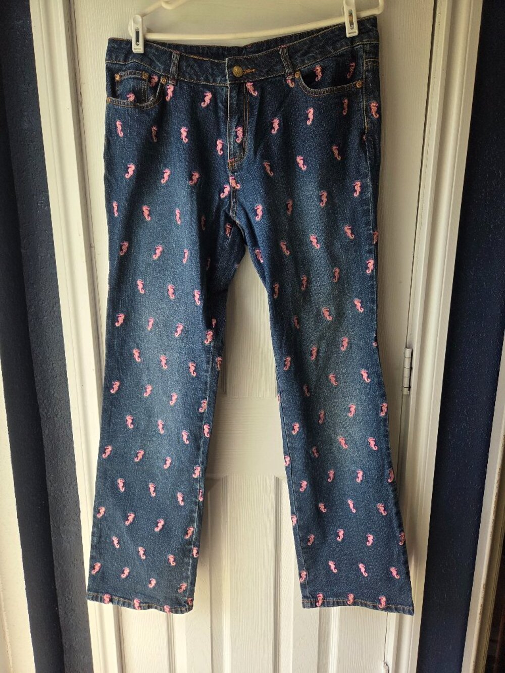 Lilly Pulitzer Women's Jeans Size 14 with Embroidered Seahors Blue Denim Stretch